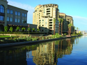 The Scottsdale Waterfront, conveniently located near the Scottsdale Fashion Square, includes high-rise living and favorite local shops and restaurants.  Photo Courtesy of Scottsdale Convention & Visitors Bureau.  