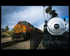 The Atchison Topeka & Santa Fe steam locomotive No. 761 sits near the original train depot, which now serves as the Wickenburg Visitor Center and Chamber of Commerce offices.  Photo from the Town of Wickenburg. 
